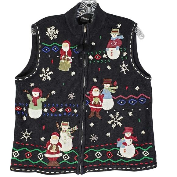 Vintage Erika Womens Sweater Vest Size Large L Snowman Christmas Full Zip - Picture 2 of 12